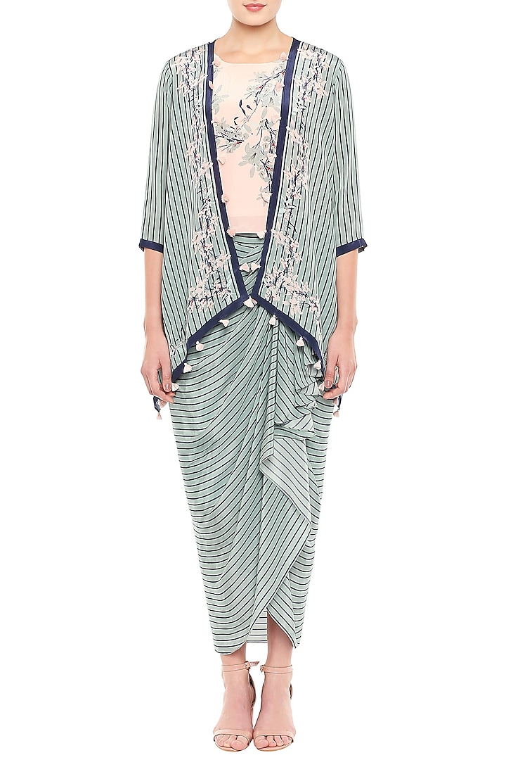 Baby Pink & Blue Printed Crop Top With Draped Skirt & Jacket by Soup by Sougat Paul