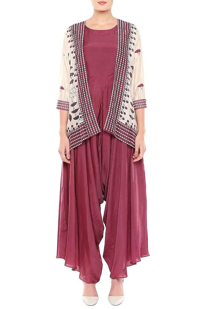 Off White & Maroon Printed Jumpsuit With Jacket by Soup by Sougat Paul