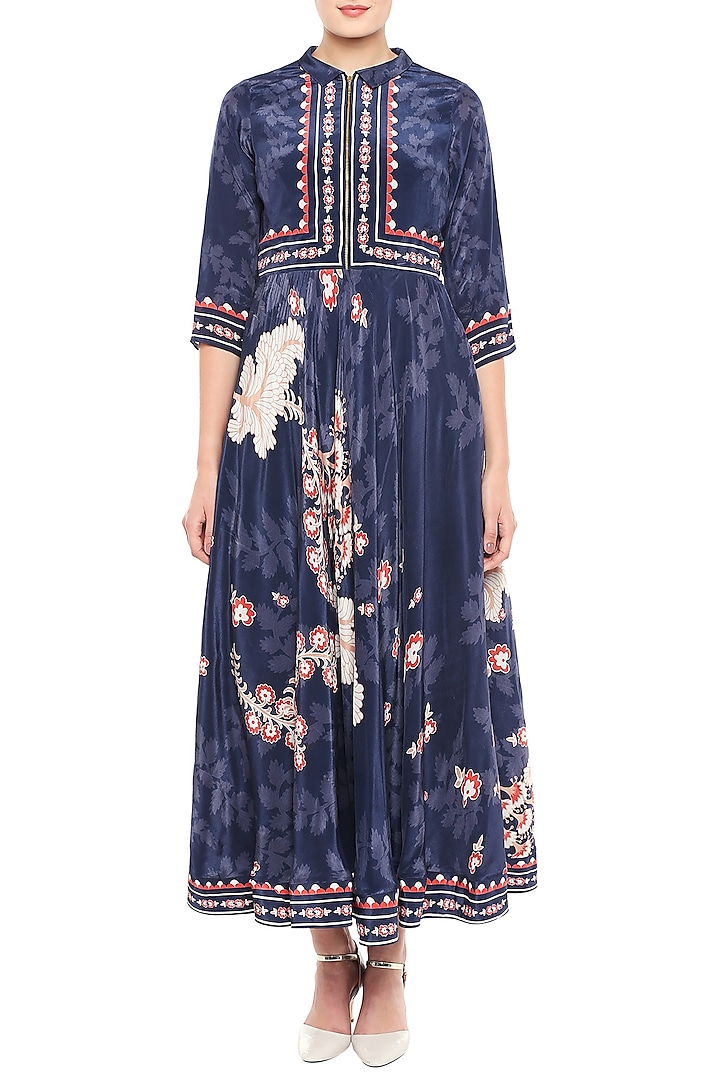 Navy Blue Printed Maxi Dress by Soup by Sougat Paul