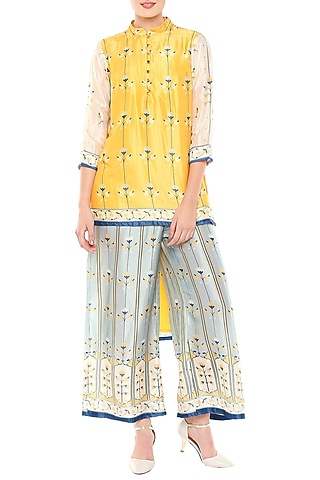 Multi Colored Asymmetrical Top With Palazzo Pants by Soup by Sougat Paul