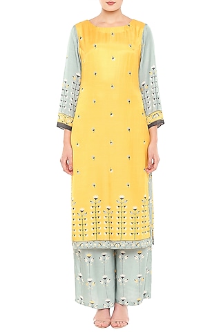 Yellow & Blue Printed Kurta With Palazzo Pants by Soup by Sougat Paul