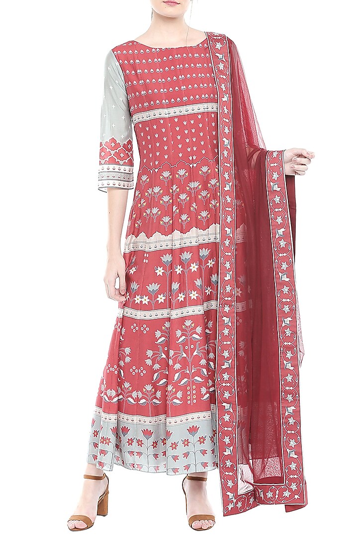 Blue & Red Printed Party Wear Anarkali With Dupatta by Soup by Sougat Paul at Pernia's Pop Up Shop