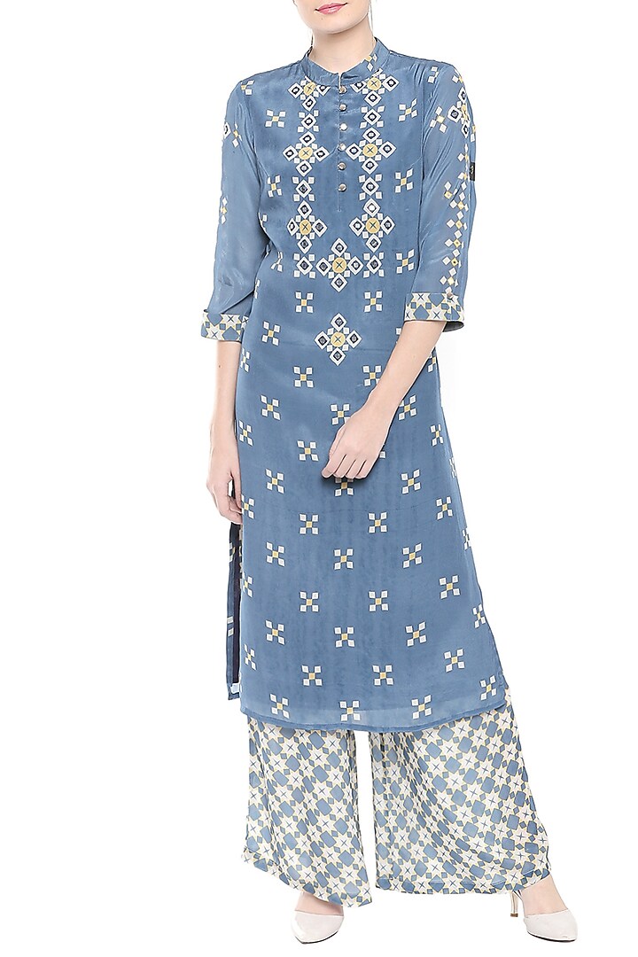 Blue Embellished Printed Top With Palazzo Pants by Soup by Sougat Paul at Pernia's Pop Up Shop