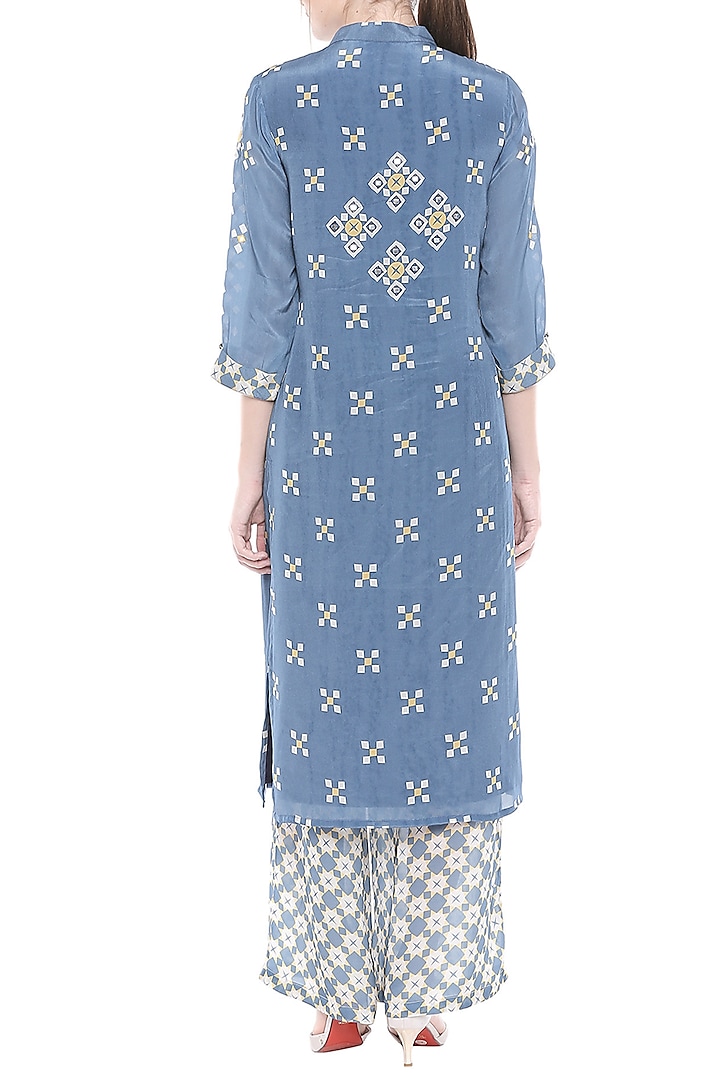 Blue Embellished Printed Top With Palazzo Pants by Soup by Sougat Paul