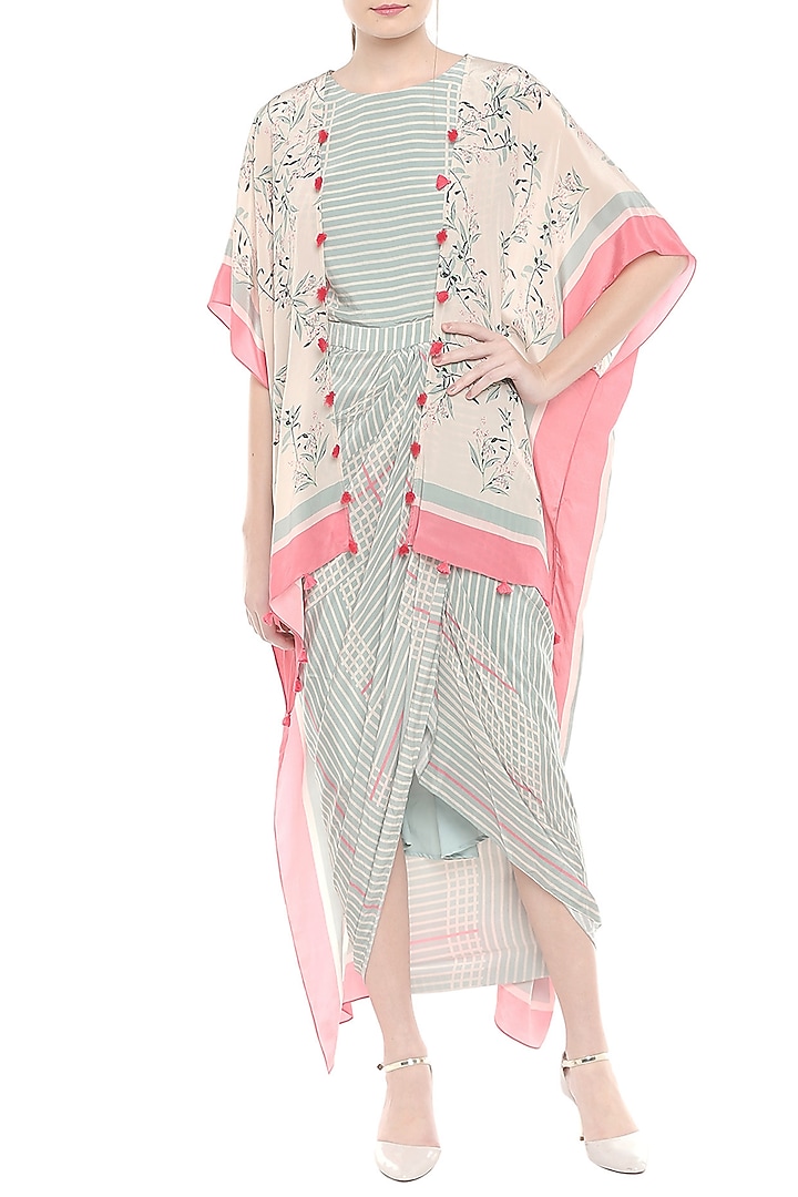 Blue & Pink Printed Draped Vacation Dress With Asymmetric Jacket by Soup by Sougat Paul at Pernia's Pop Up Shop