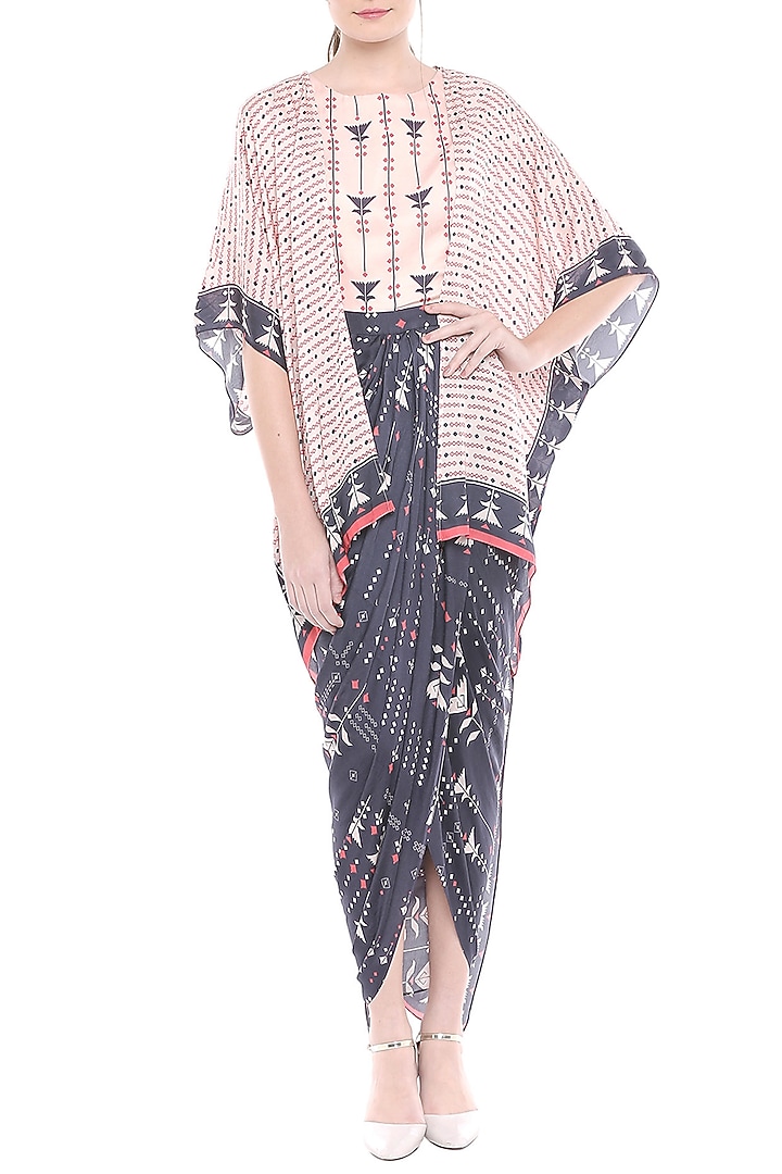 Multi Colored Printed Draped Vacation Dress With Asymmetric Cape Jacket by Soup by Sougat Paul at Pernia's Pop Up Shop