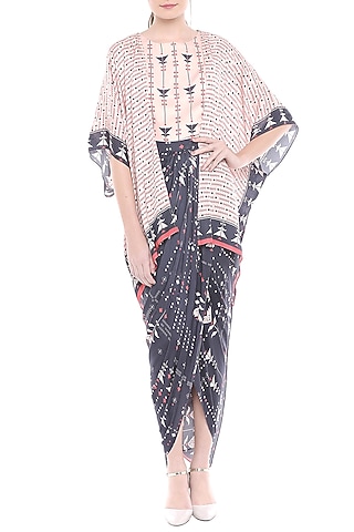 Multi Colored Printed Draped Dress With Asymmetric Cape Jacket by Soup by Sougat Paul