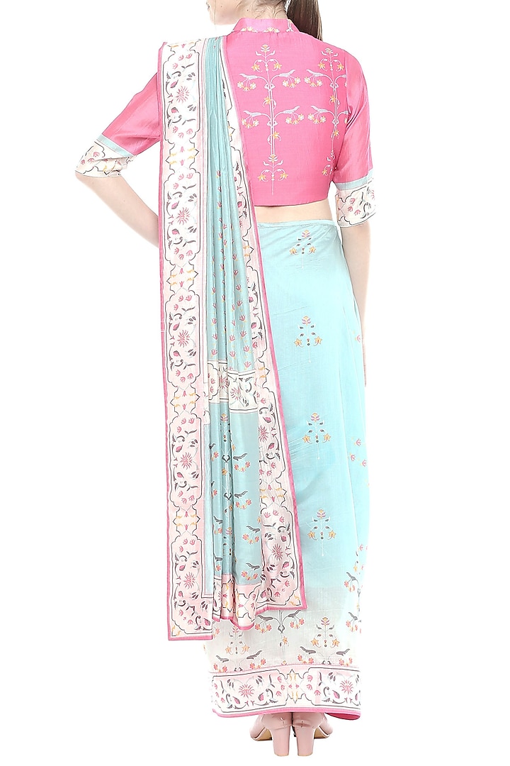 Blue & Pink Printed Saree Set by Soup by Sougat Paul