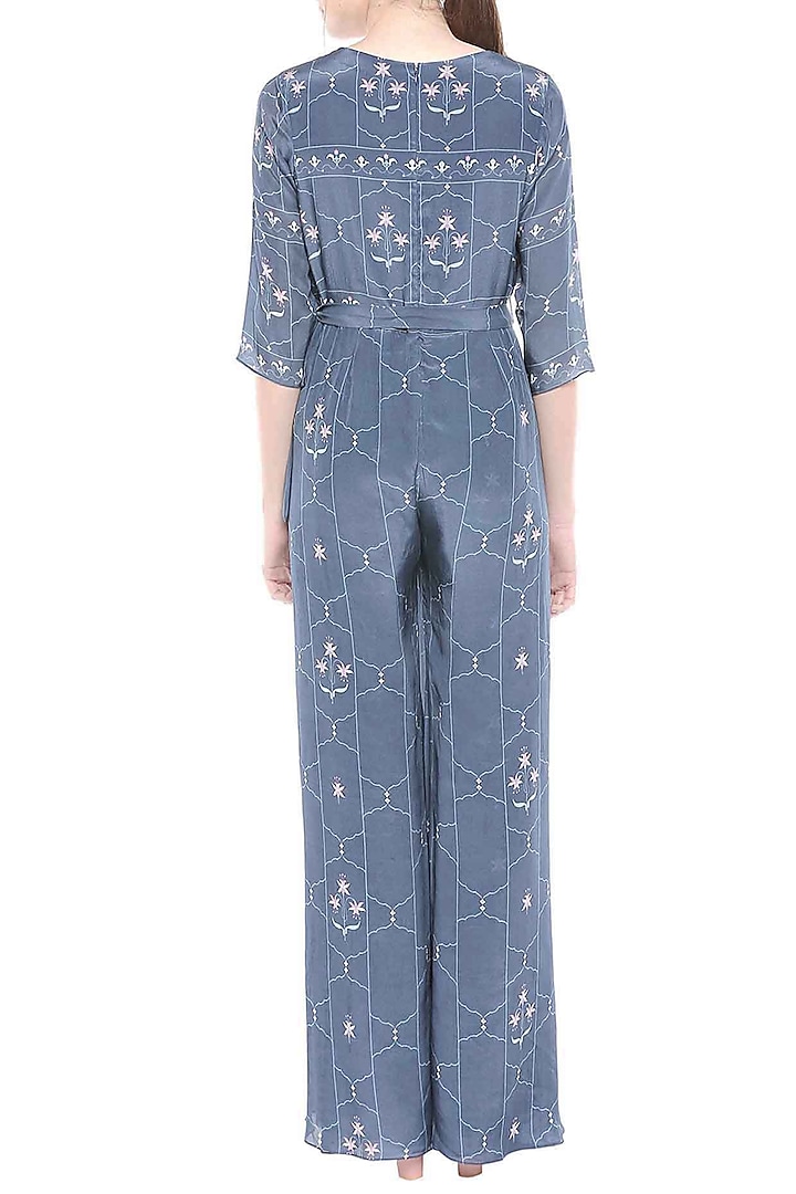 Navy Blue Printed Jumpsuit With Tie-Up Belt by Soup by Sougat Paul