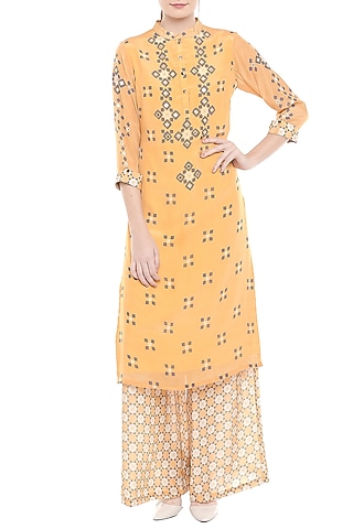 Yellow & Beige Printed Kurta With Palazzo Pants by Soup by Sougat Paul