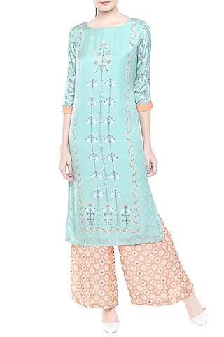 Orange & Blue Printed Kurta With Palazzo Pants by Soup by Sougat Paul