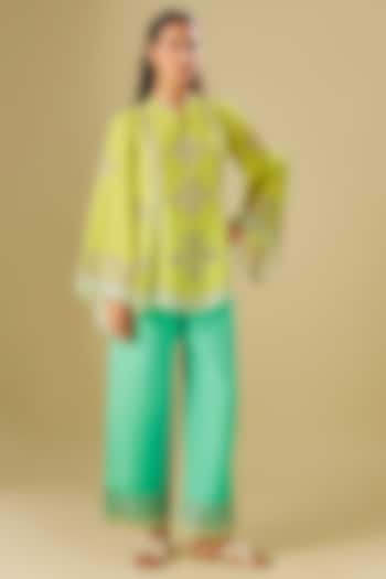 Yellow Linen Hand Embroidered Co-Ord Set by Soup by Sougat Paul at Pernia's Pop Up Shop