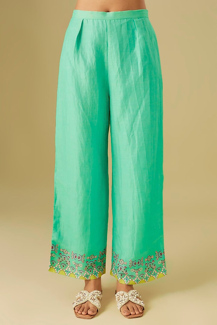Yellow Linen Hand Embroidered Co-Ord Set by Soup by Sougat Paul at Pernia's Pop Up Shop