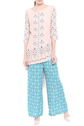 Pink Printed Kurta With Blue Palazzo Pants by Soup by Sougat Paul