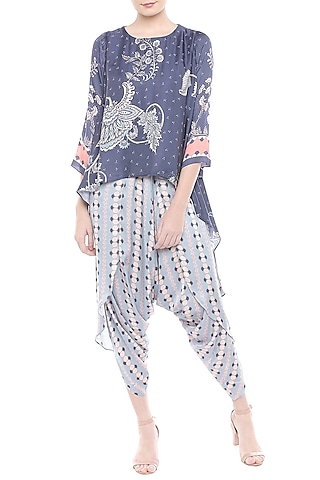 Off White & Blue Printed Dhoti Style Jumpsuit by Soup by Sougat Paul