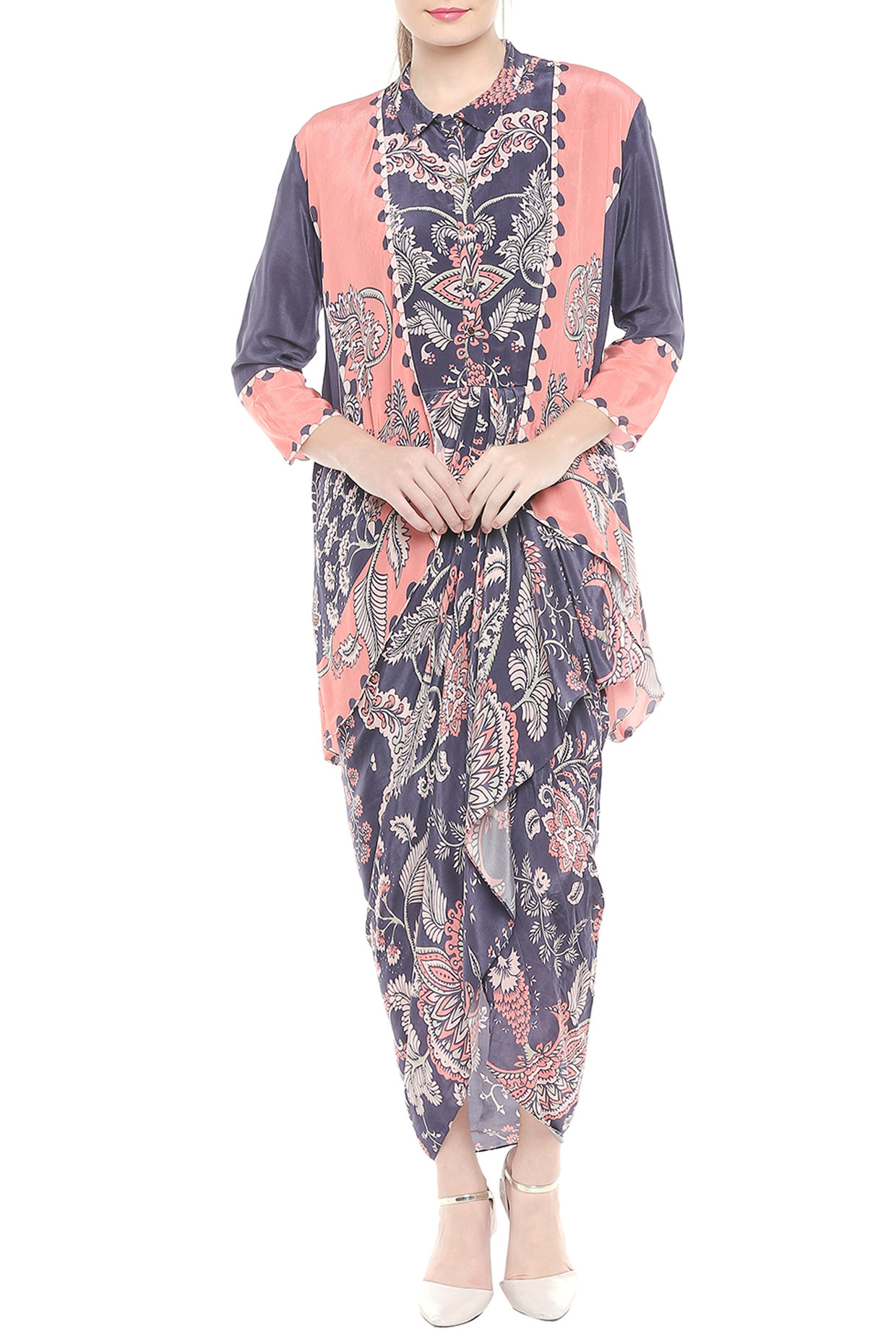 Blue & Peach Draped Summer Dress With Printed Asymmetrical Jacket by Soup by Sougat Paul at Pernia's Pop Up Shop