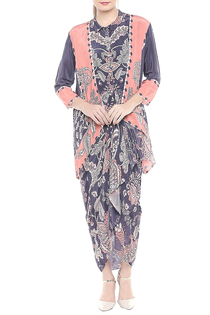 Blue & Peach Draped Dress With Printed Asymmetrical Jacket by Soup by Sougat Paul