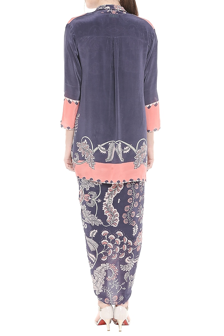 Blue & Peach Draped Vacation Dress With Printed Asymmetrical Jacket by Soup by Sougat Paul at Pernia's Pop Up Shop