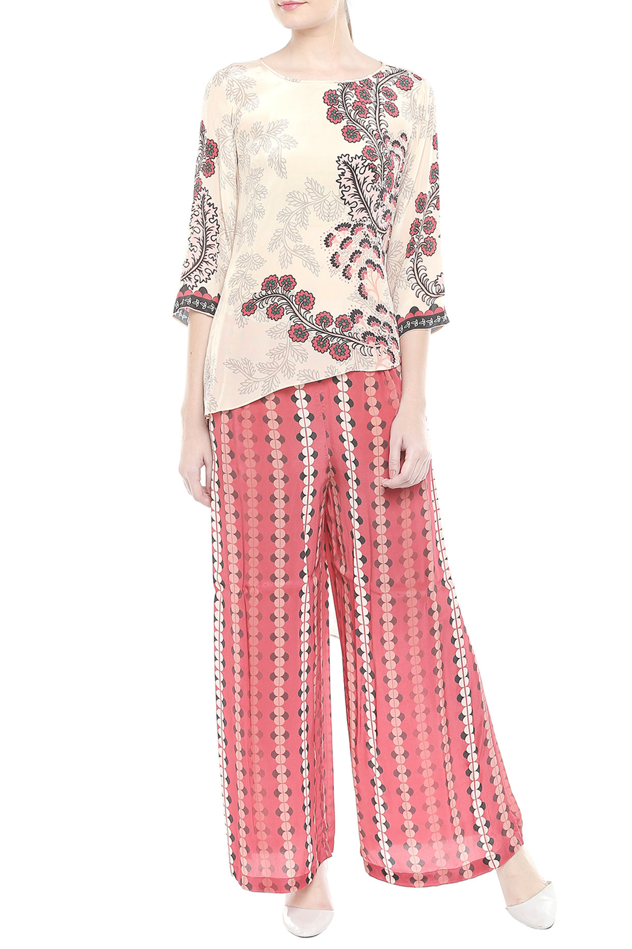 Beige Printed Top With Red Palazzo Pants by Soup by Sougat Paul at Pernia's Pop Up Shop