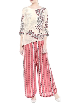 Beige Printed Top With Red Palazzo Pants Design by Soup by Sougat Paul ...