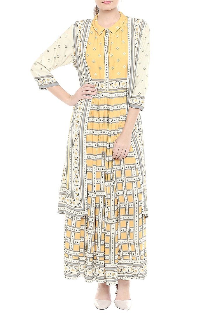 Yellow & Beige Printed Maxi Dress with Jacket by Soup by Sougat Paul