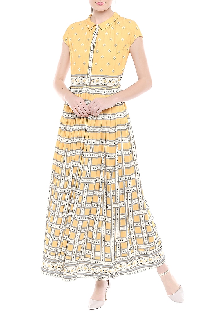 Yellow & Beige Printed Maxi Summer Dress with Jacket by Soup by Sougat Paul at Pernia's Pop Up Shop