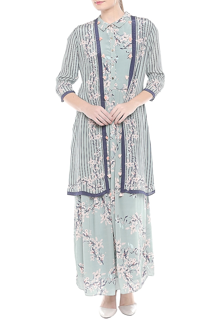Blue Floral Printed Maxi Dress With Jacket by Soup by Sougat Paul