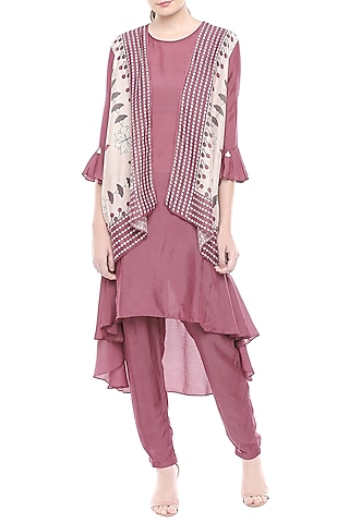 Maroon & Off White Top With Pants & Printed Jacket by Soup by Sougat Paul
