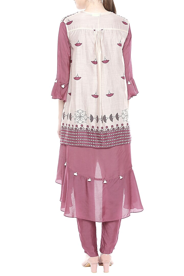 Maroon & Off White Top With Pants & Printed Jacket by Soup by Sougat Paul at Pernia's Pop Up Shop