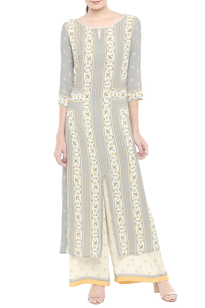 Grey & Off White Printed Kurta With Palazzo Pants by Soup by Sougat Paul