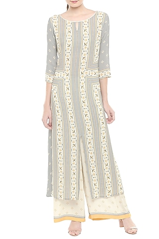 Grey & Off White Printed Kurta With Palazzo Pants by Soup by Sougat Paul