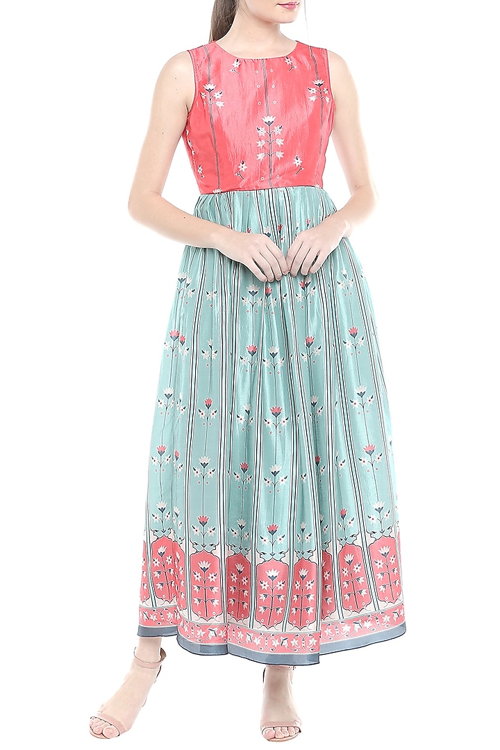 Pink & Blue Printed Maxi Summer Dress With Asymmetrical Jacket by Soup by Sougat Paul at Pernia's Pop Up Shop