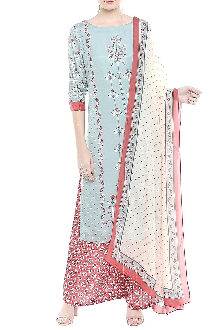 Pink & Blue Printed Kurta Set by Soup by Sougat Paul at Pernia's Pop Up Shop
