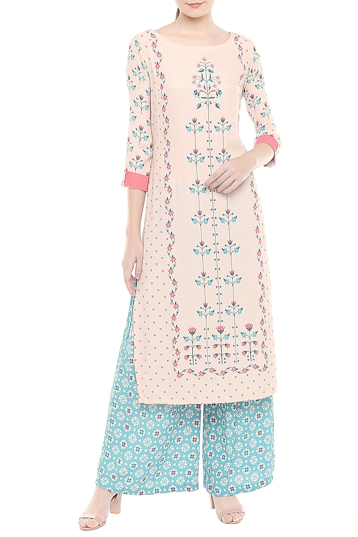 Pink & Blue Printed Kurta With Palazzo Pants by Soup by Sougat Paul