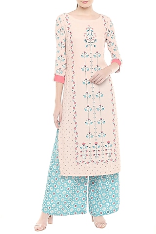 Pink & Blue Printed Kurta With Palazzo Pants by Soup by Sougat Paul