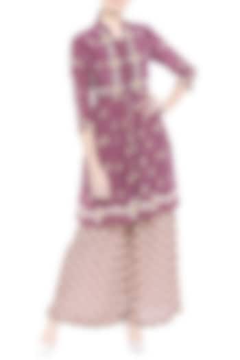 Maroon Embellished Printed Kurta With Palazzo Pants by Soup by Sougat Paul