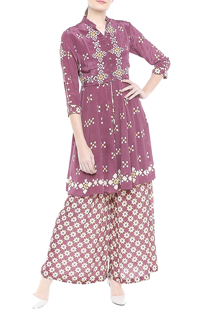 Maroon Embellished Printed Kurta With Palazzo Pants by Soup by Sougat Paul