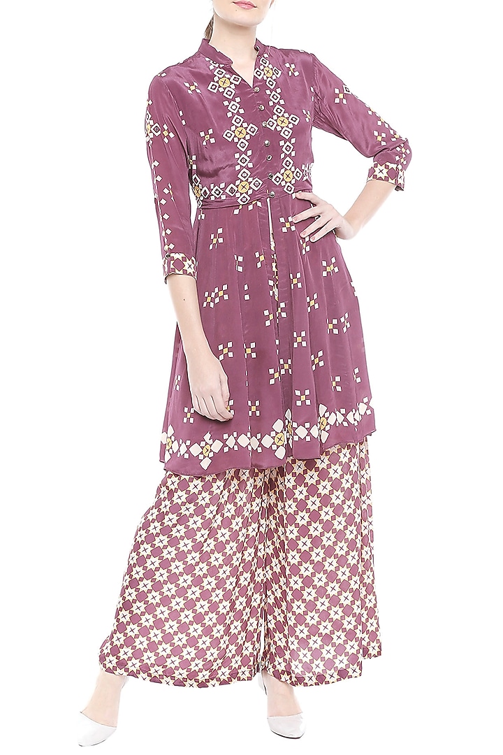 Maroon Embellished Printed Kurta With Palazzo Pants by Soup by Sougat Paul at Pernia's Pop Up Shop