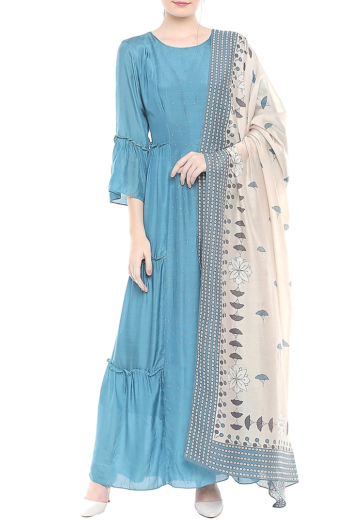 Blue Kurta With Off White Printed Dupatta by Soup by Sougat Paul