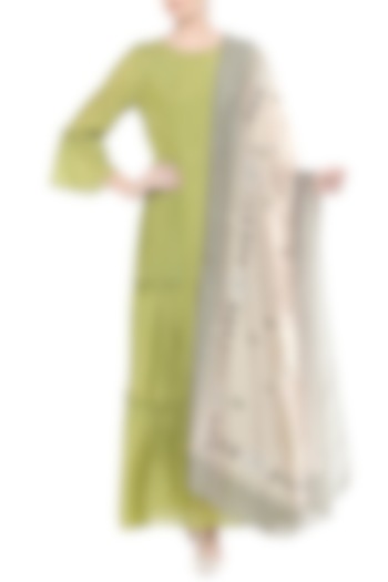 Green Kurta With Off White Printed Dupatta by Soup by Sougat Paul