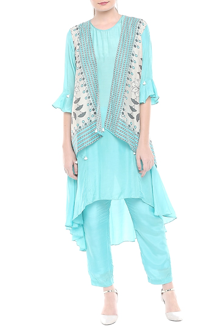 Blue & Off White Kurta With Pants & Printed Jacket by Soup by Sougat Paul