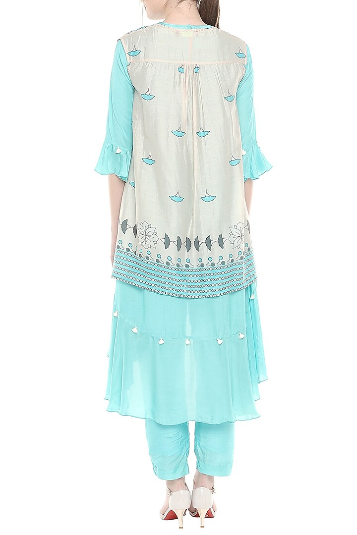 Blue & Off White Kurta With Pants & Printed Jacket by Soup by Sougat Paul at Pernia's Pop Up Shop