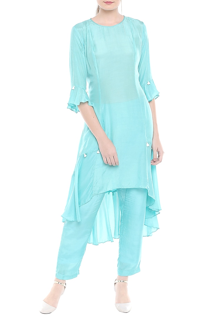 Blue & Off White Kurta With Pants & Printed Jacket by Soup by Sougat Paul at Pernia's Pop Up Shop