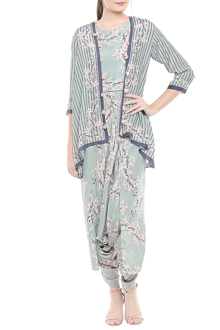 Blue Printed Jumpsuit With Jacket by Soup by Sougat Paul