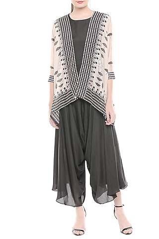 Black & Off White Jumpsuit With Printed Jacket by Soup by Sougat Paul