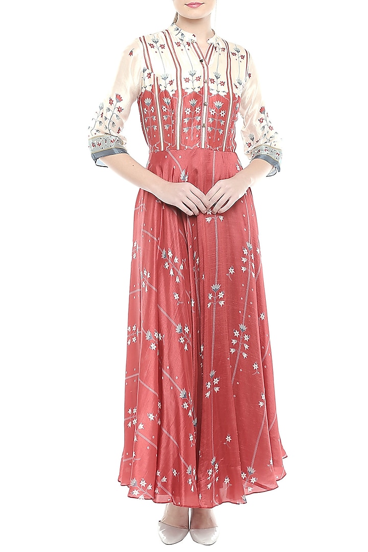 Red & Beige Printed Maxi Dress by Soup by Sougat Paul