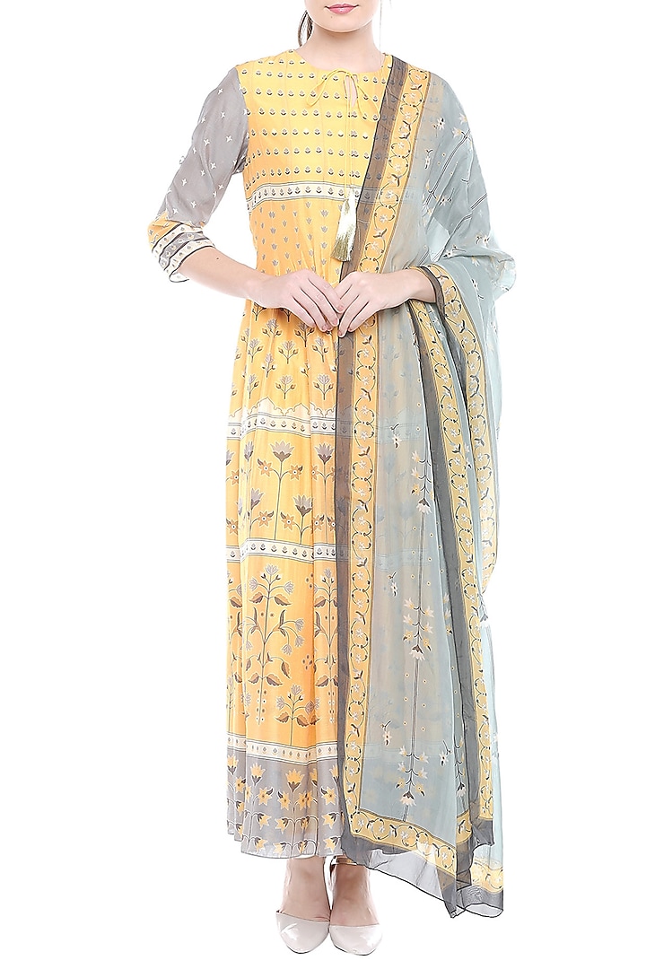 Yellow & Grey Printed Anarkali With Dupatta by Soup by Sougat Paul
