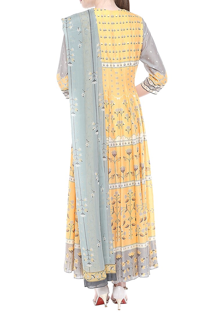 Yellow & Grey Printed Party Wear Anarkali With Dupatta by Soup by Sougat Paul at Pernia's Pop Up Shop