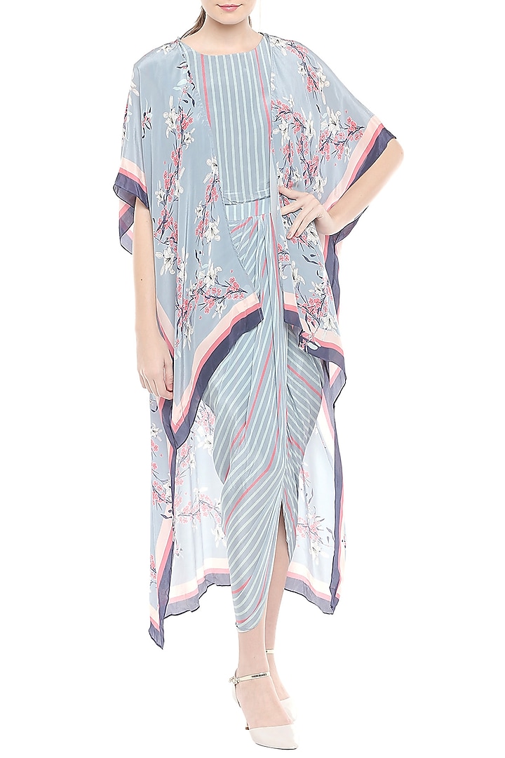 Pink & Blue Printed Draped Dress With Cape Jacket by Soup by Sougat Paul