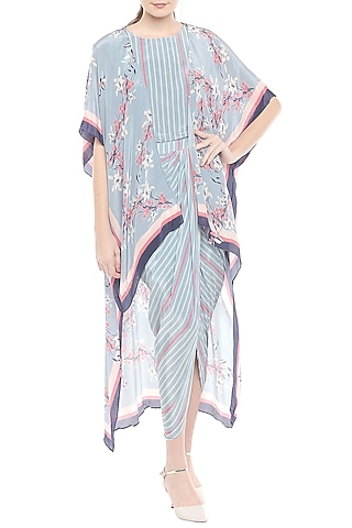 Pink & Blue Printed Draped Dress With Cape Jacket by Soup by Sougat Paul